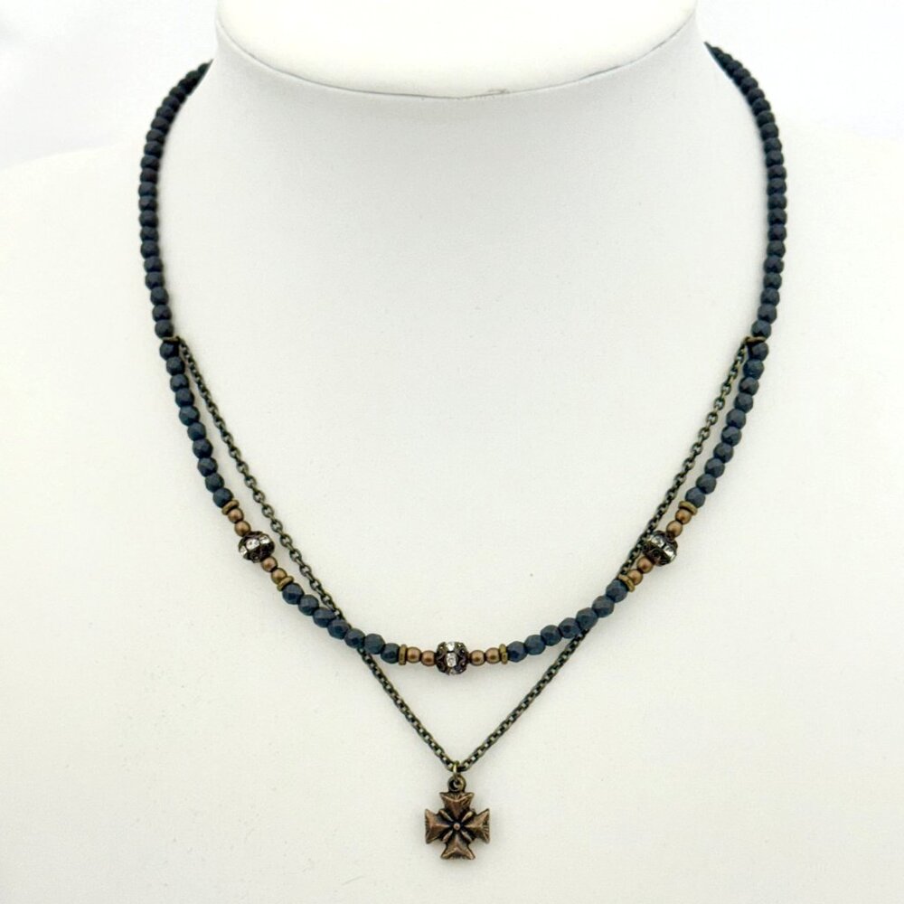 Layered Tiny Maltese Cross Necklace w/Crystal Beads/Rhinestone Accents